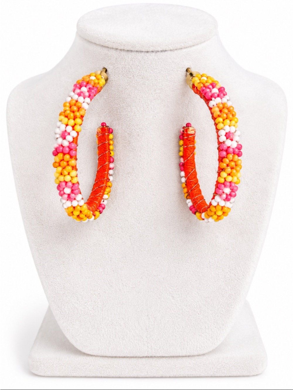 Colorful Seed Bead Wrapped Hoop Earrings Pink Orange Yellow White Statement Hoop